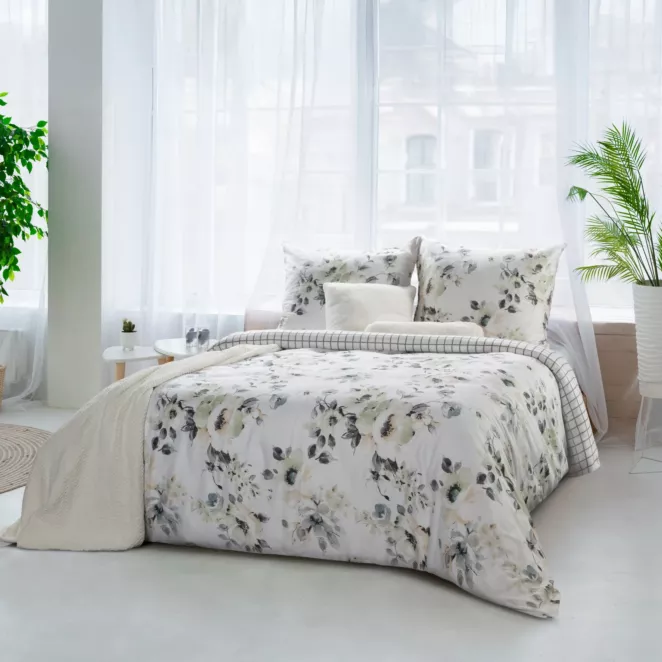 Pościel 220x200 cm bawełniana kolor biały, miętowy z subtelnym wzorem kwiatowym SPRING 32