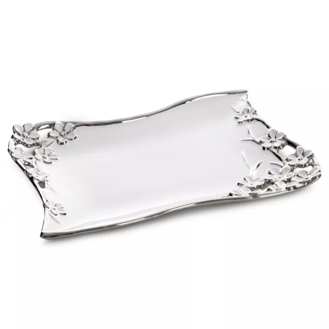 Patera ceramiczna dekoracyjna biało-srebrna zdobiona drobnymi kwiatuszkami 36x26x4 cm KARIN