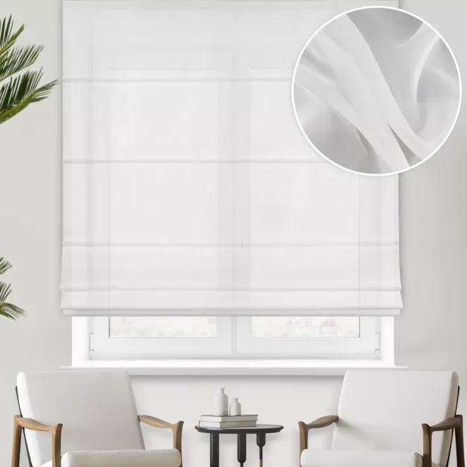 Roleta rzymska kremowa półprzezroczysta, z matowego woalu, o niestandardowej wysokości 370cm, wykończona obciążnikiem