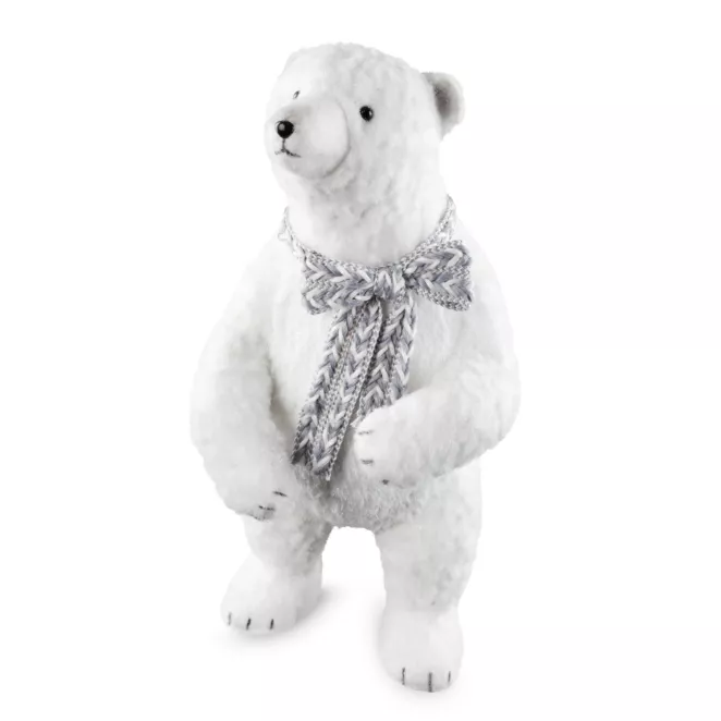 Duża figurka świąteczna dekoracyjna NIEDŹWIEDZ w plecionym szaliku z lśniącymi drobinkami