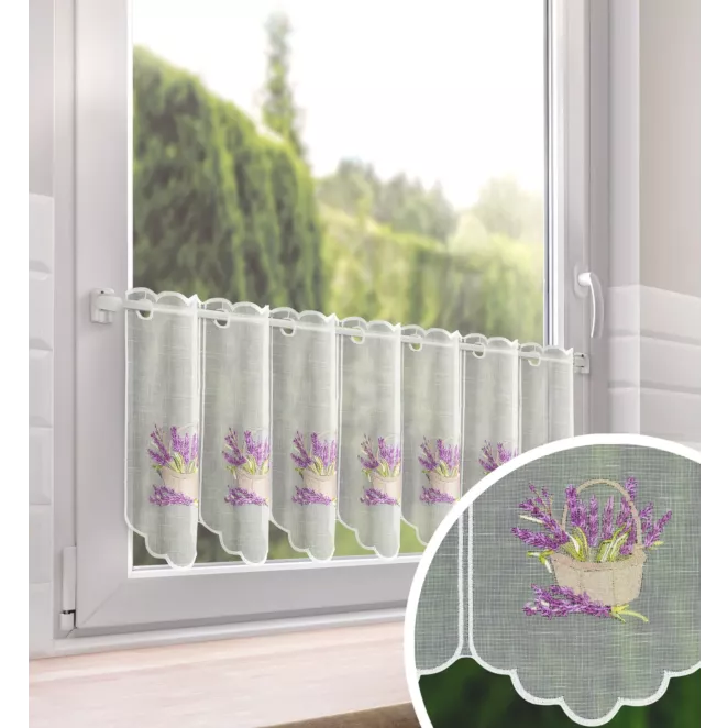 Tkanina firanowa zazdrostka z etaminy zdobiona haftem lawendy