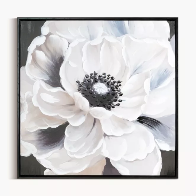 Obraz kremowo, czarny ręcznie malowany na płótnie kwiat 60x60 cm