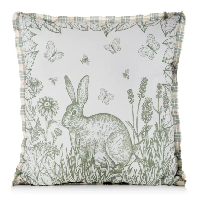 Poszewka na poduszkę 45x45 cm o strukturze lnu kremowo, zielona zdobiona nadrukiem zajączka WIOSNA 60