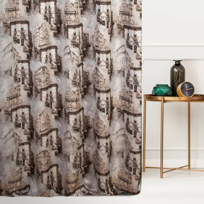 Zasłona szyta na taśmie 5 cm beżowo brązowa z tkaniny o fantazyjnym wzorze Italissima Eva Minge