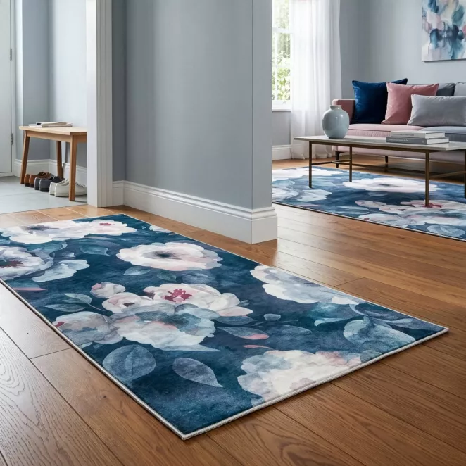 Dywan 50x80 cm ciemnoniebiesko, pudrowy z motywem kwiatu róży LOTUS 5