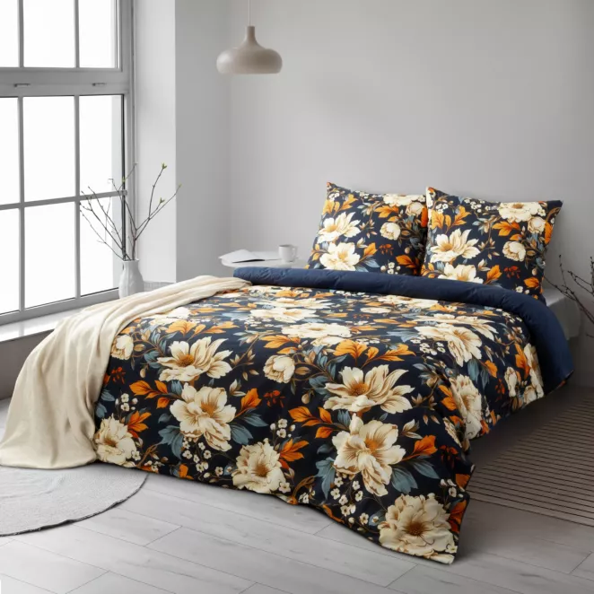 Pościel 160x200 cm bawełna ranforce kolor granatowy, pomarańczowy z motywem kwiatów FIORA
