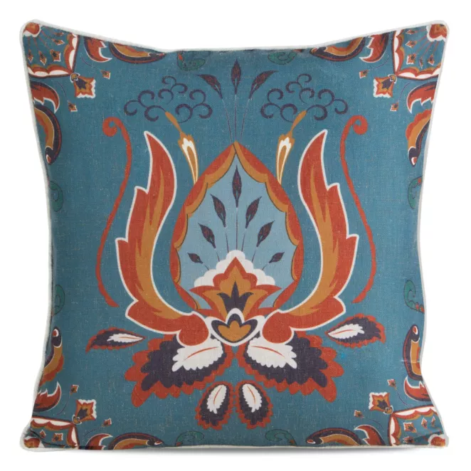 Poszewka na poduszkę 45x45 cm bawełniana z dodatkiem lnu z nadrukiem ornamentu turkusowo, pomarańczowa LEN