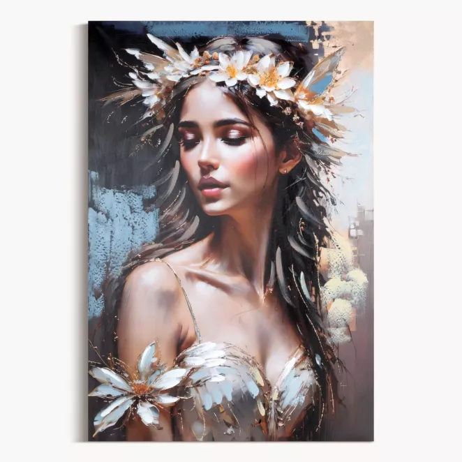 Obraz postaci beżowo, granatowy ręcznie malowany na płótnie 80x120 cm