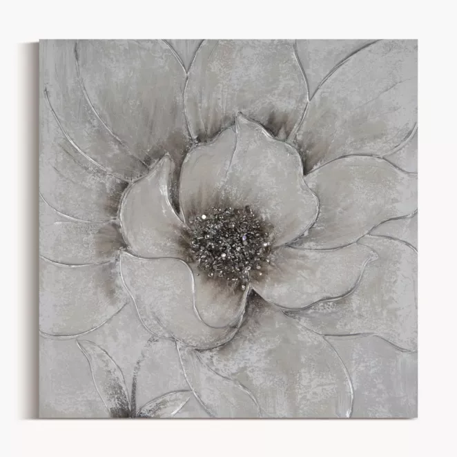 Obraz roślinny szaro, srebrzysty ręcznie malowany na płótnie kwiat z dodatkami cyrkonii 50x50 cm FLOWERY