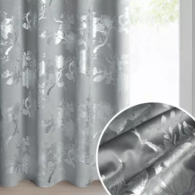 Zasłona stalowo, srebrna zdobiona nadrukiem błyszczących kwiatów 140x250 cm przelotka - CELIA
