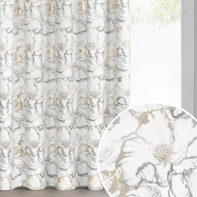 Zasłona biało, szara z welwetu zdobiona nadrukiem kwiatów i szampańskich akcentów 140x270 cm taśma - LISA