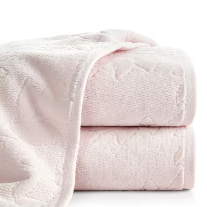 Ręcznik do rąk 30x50 cm bawełniany kolor różowy z wytłaczanym wzorem roślinnym 475 g/m2 FLORIA