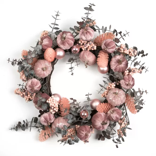 Wianek dekoracyjny pastelowy zdobiony aksamitnymi dyniami