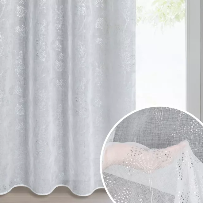 Dekoracja okienna biało, srebrzysta z etaminy zdobiona błyszczącym nadrukiem roślinnym 140x250 cm przelotka - JUNI