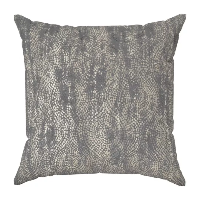 Poszewka szyta grafitowo złocista z grubej, welwetowej tkaniny z geometrycznym wzorem, zdobiona delikatnie połyskującym nadrukiem