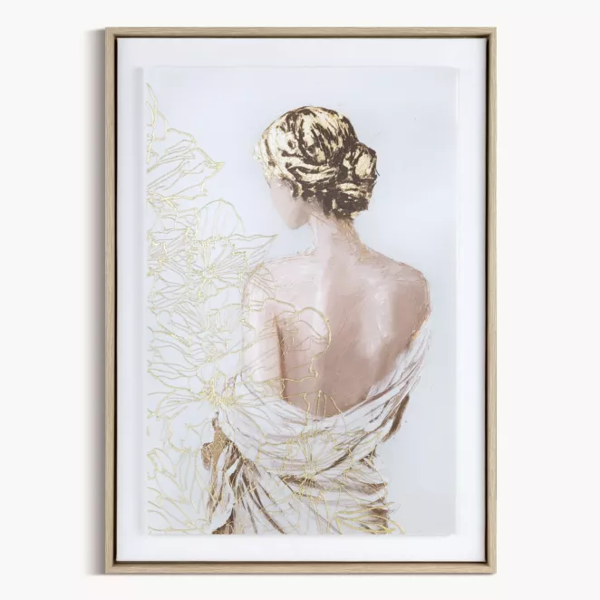 Obraz kremowo, złoty dekorayjny z artystycznym motywem postaci oprawiony w ramę 50x70 cm