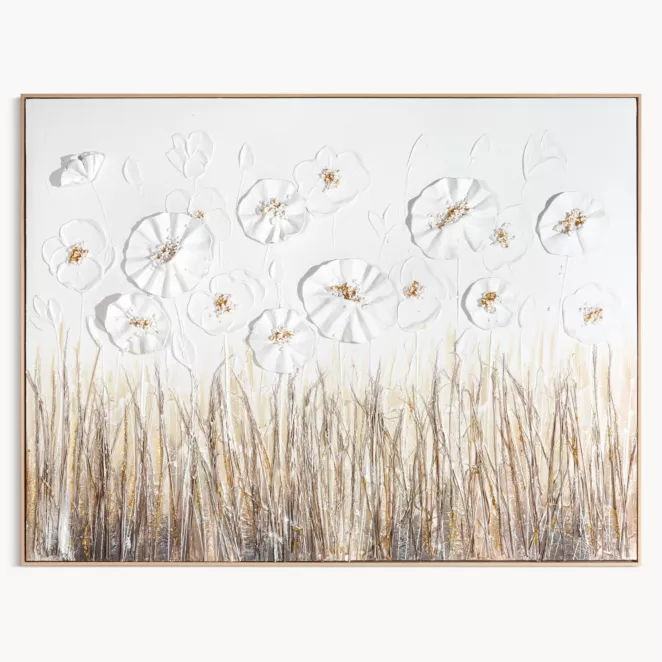 Obraz w trójwymiarowe kwiaty kremowo, złoty ręcznie malowany na płótnie oprawiony w ramę 92x122 cm