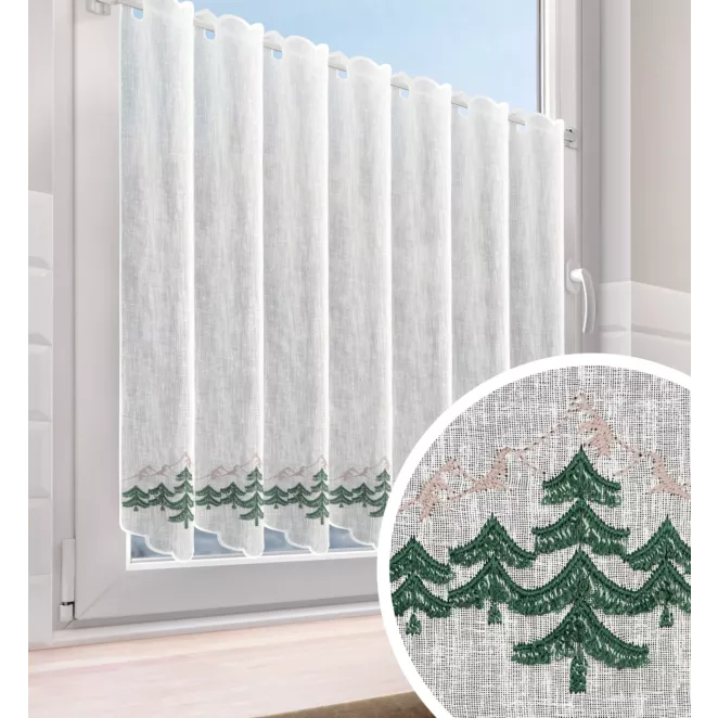 Tkanina firanowa zazdrostka z etaminy zdobiona świątecznym haftem z motywem choinek