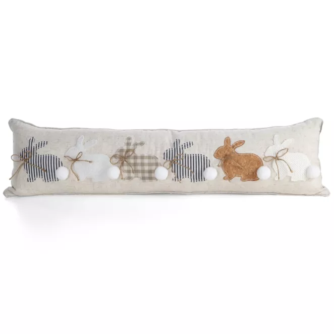 Wielkanocna poduszka z wypełnieniem 20x90 cm z dodatkiem lnu beżowo, biała zdobiona aplikacją zajączków WIOSNA 153