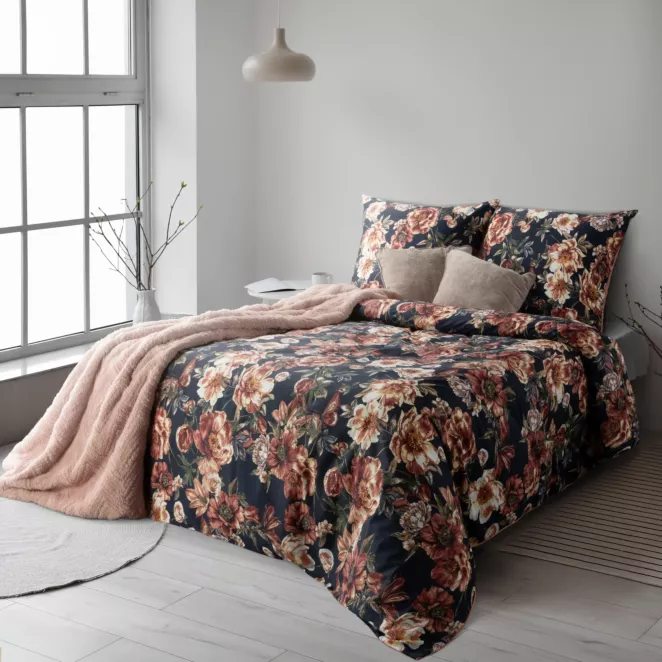 Pościel 140x200 cm z satyny bawełnianej kolor czarno, ceglasty z motywem kwiatów SPRING 79