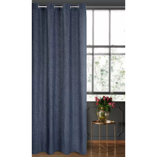 Zasłona welwetowa granatowa we wzór geometryczny 140x250 przelotka - INGA - Pierre Cardin