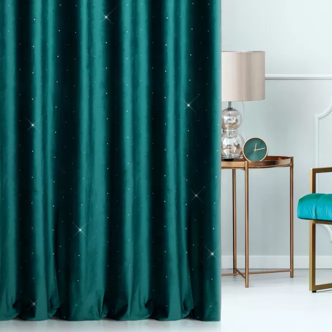 Zasłona szyta na taśmie 5 cm turkusowa z miękkiej, welwetowej tkaniny z błyszczącą cyrkonią Italissima Eva Minge
