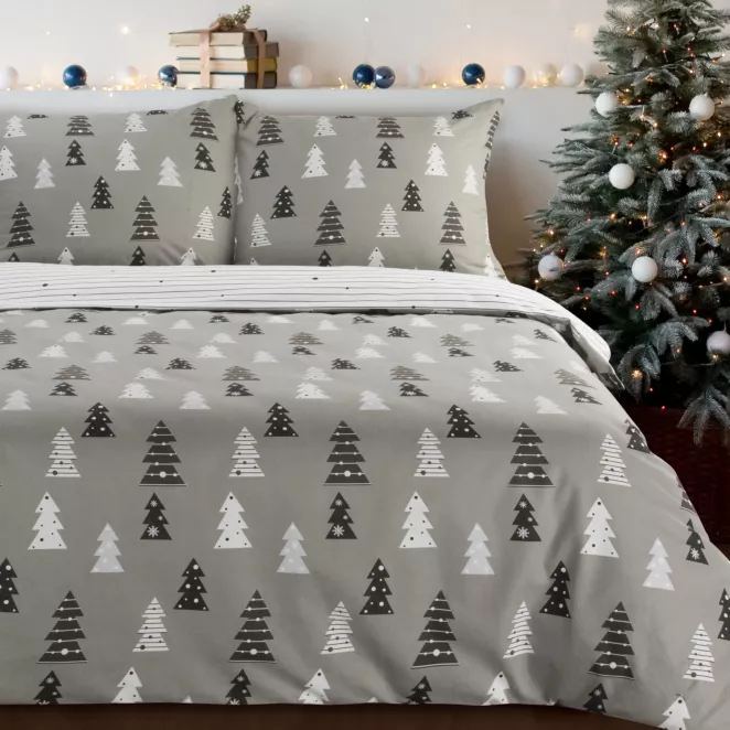 Pościel świąteczna 140x200 cm z bawełny flanelowej, kolor stalowy, biały z nadrukiem drobnych choinek LENON