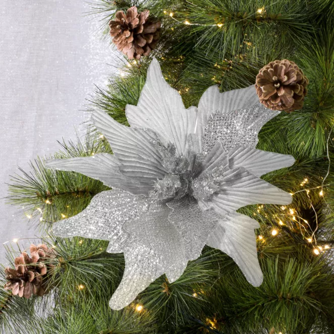 Świąteczny kwiat dekoracyjny z płatkami z wytłaczanego welwetu i brokatu