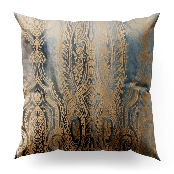 Poszewka szyta niebiesko złocista z grubej welwetowej tkaniny w elegancki połyskujący wzór