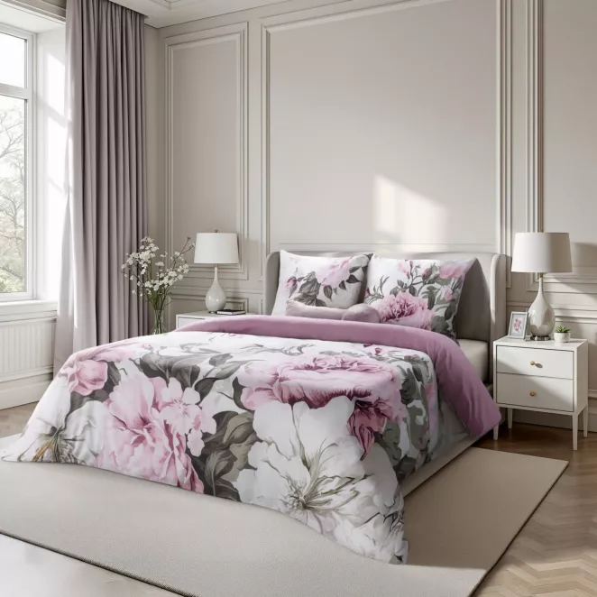 Pościel 140x200 cm komplet 2 częściowy z bawełny kolor wrzosowo biały z motywem peoni - PEONY