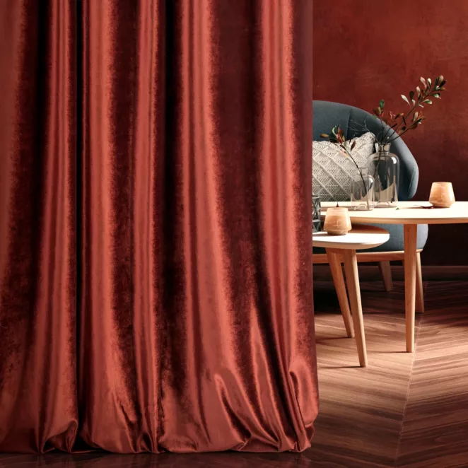 Tkanina zasłonowa gładka, miękka, welwetowa, z wyraźnym połyskiem z kolekcji Eva Minge