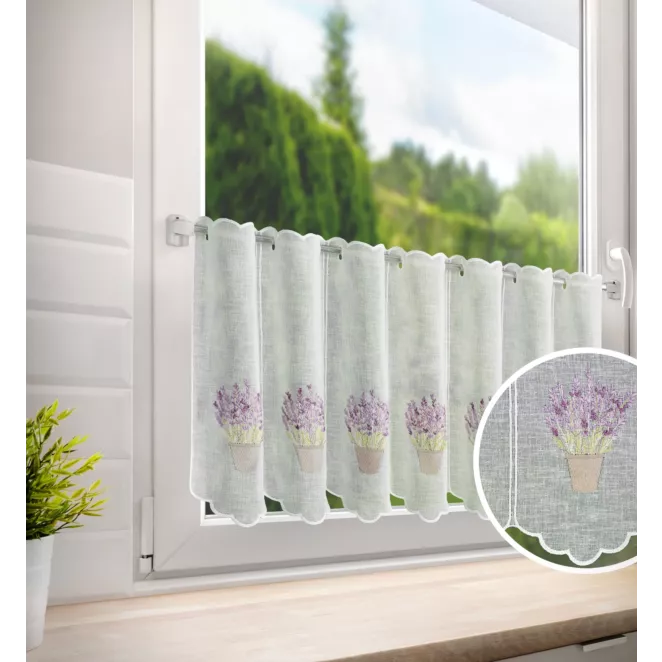 Tkanina firanowa zazdrostka z etaminy zdobiona haftem lawendy