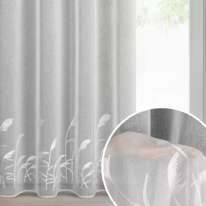 Firana biała z etaminy zdobiona haftem w źdźbła ozdobnej trawy 140x250 cm przelotka - TASHA