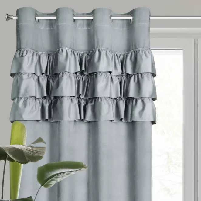 Zasłona welwetowa srebrna zdobiona falbanami 140x250 cm przelotka - SAMI