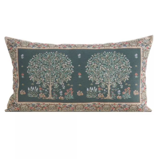 Poszewka na poduszkę 40x70 cm gobelinowa kolor zielony zdobiona tkanym motywem drzewka szczęścia