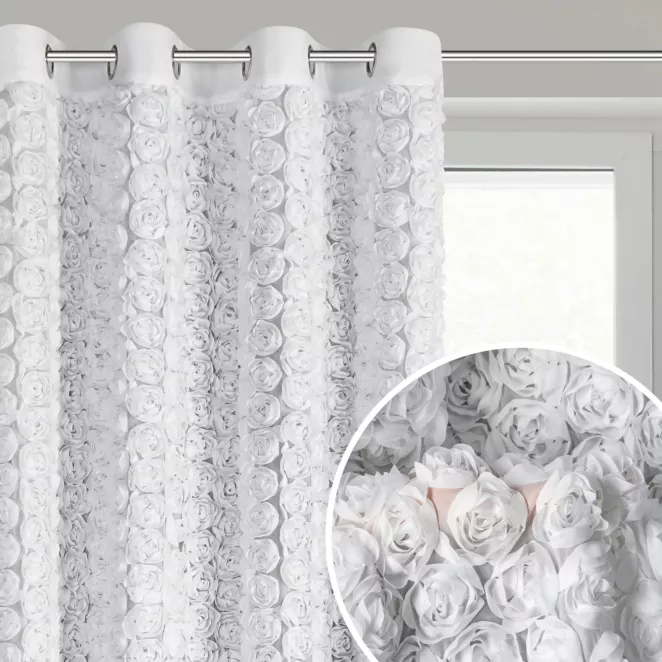 Zasłona biała z szyfonu zdobiona różami 3D 140x250 cm przelotka - ROSES Eva Minge