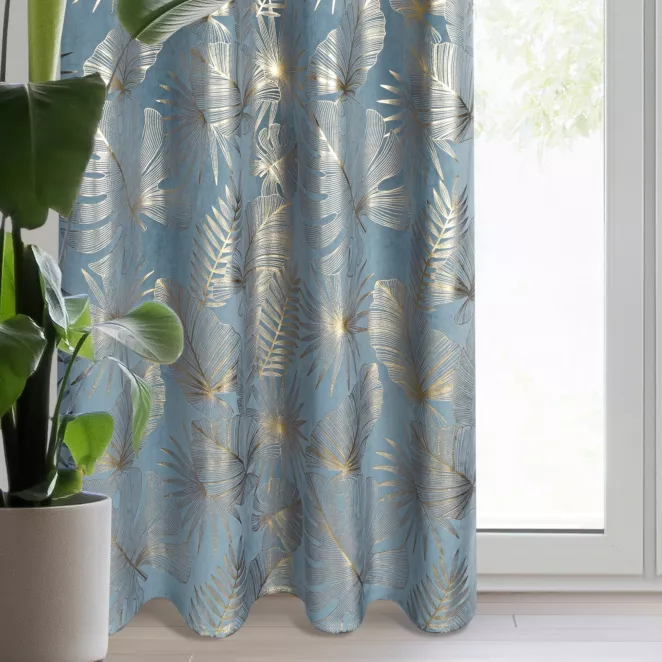 Zasłona niebiesko, szampańska z nadrukiem liści, welwetowa 135x250 przelotka ARIA