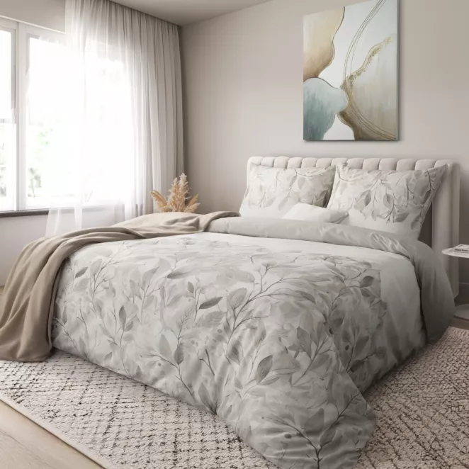 Pościel 220x200 cm satyna bawełniana kolor srebrno, biały z wzorem roślinnym SPRING 63