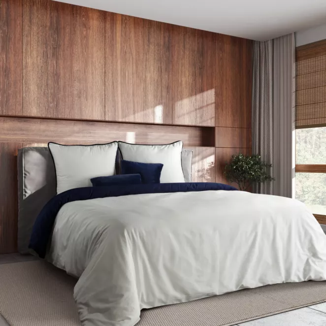 Pościel 140x200 cm z makosatyny bawełnianej kolor biały, ciemnogranatowy dwustronna z sznurem dekoracyjnym na brzegach Eurofirany Premium