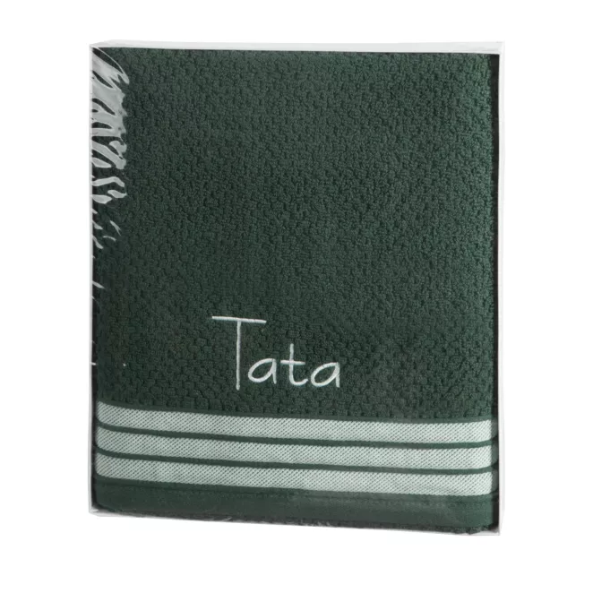 Zestaw upominkowy, ręcznik bawełniany 70x140 cm kolor ciemnozielony z haftem TATA