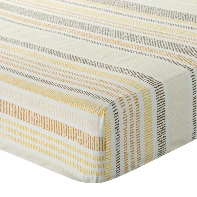 Prześcieradło z gumką 160x200 cm z bawełny kolor musztardowy,biały wzór w paski 105 g/m2 PRINT