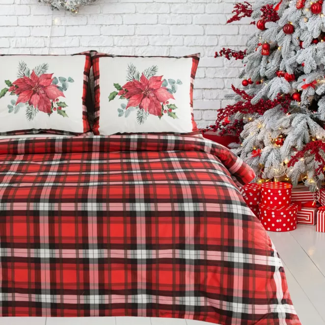 Pościel świąteczna 220x200 cm bawełniana kolor czerwony, biały z motywem kraty BLISS