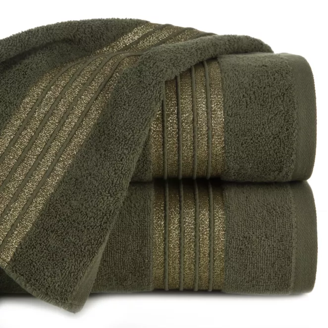 Ręcznik kąpielowy 50x90 cm bawełniany kolor oliwkowy zdobiony paseczkami przeszywanymi błyszczącą nicią 500 g/m2 LILA