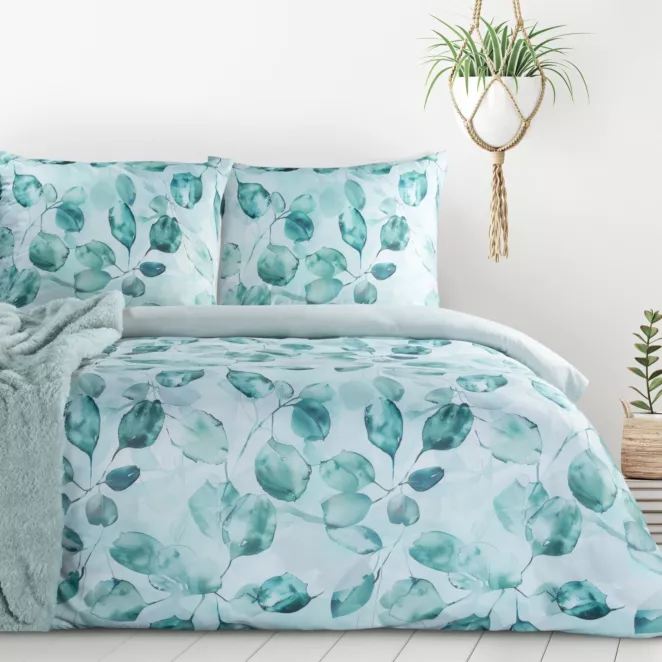 Pościel 220x200 cm kolor miętowy, ciemno miętowy z motywem liści VERANO 5 design 91
