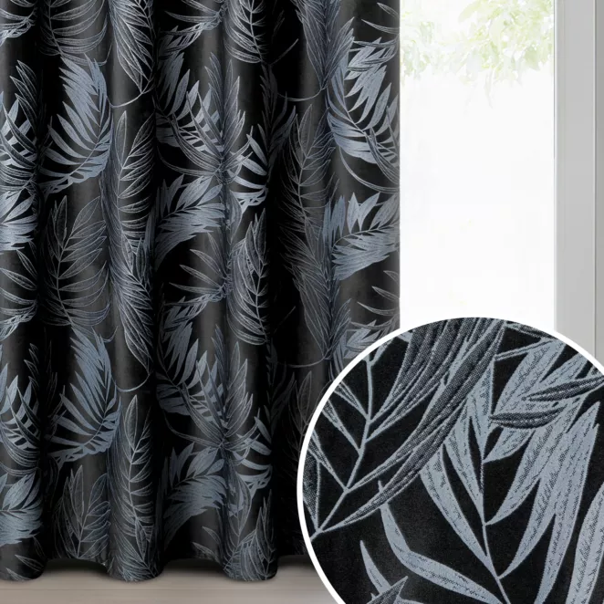 Zasłona czarna z welwetowej tkaniny z motywem roślinnym 140x250 cm - VERA