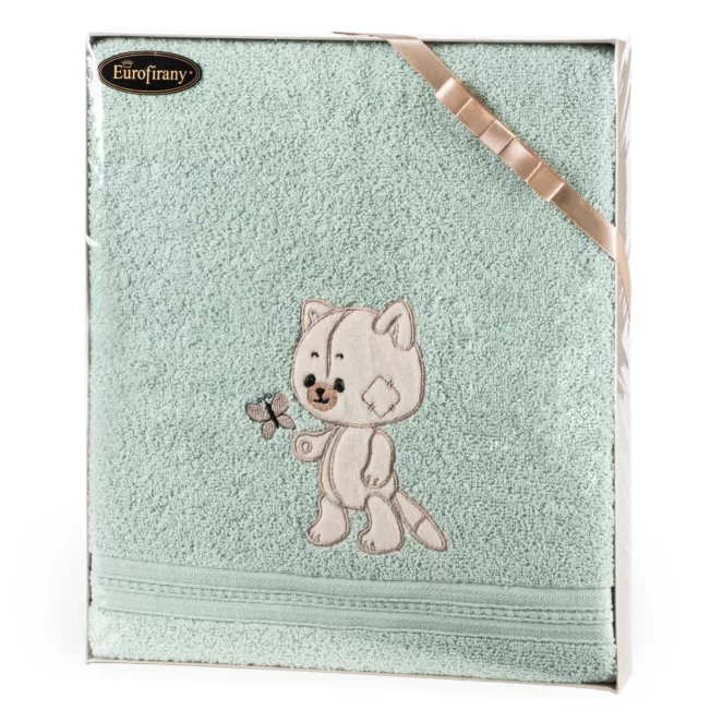 Zestaw upominkowy, ręcznik bawełniany 50x90 cm kolor miętowy z motywem kotka dla dziecka