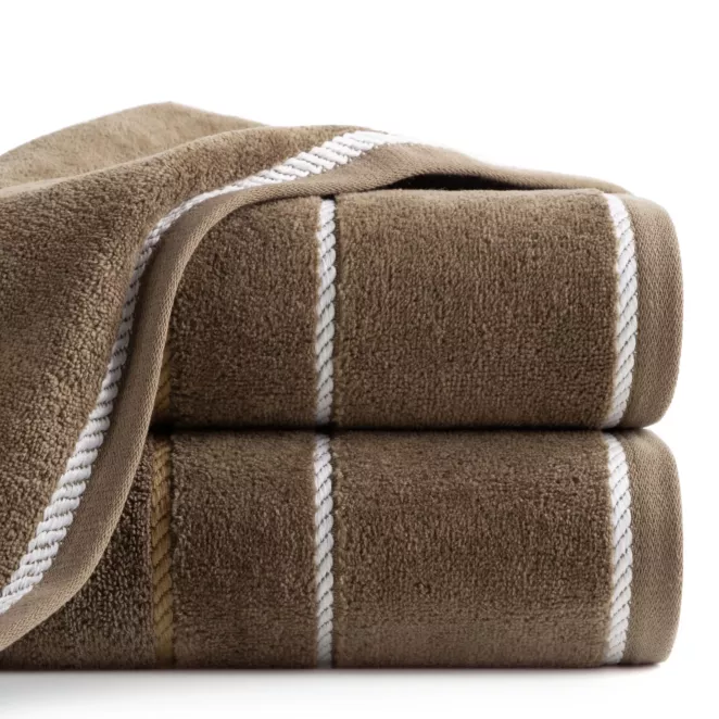 Ręcznik do rąk 30x50 cm bawełniany kolor brązowy z welwetową bordiurą i kontrastującymi paseczkami 500 g/m2 NEL