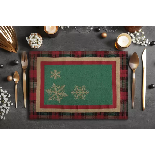 Podkładka na stół zielono, czerwona 35x45 cm gobelinowa STAR z motywem złotych śnieżynek i ozdobną kantą w kratę