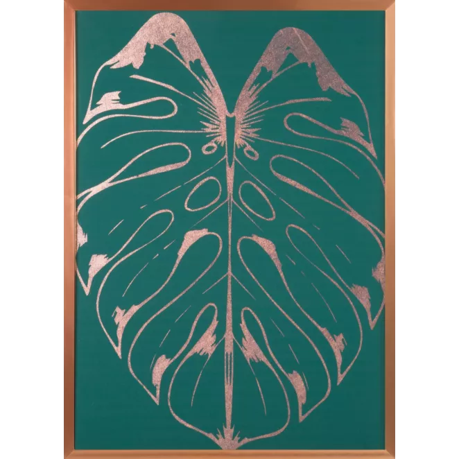 LIMITED COLLECTION Obraz SALVIA 6 z różowego złota błyszczącym nadrukiem liścia monstery w miedzianej ramie