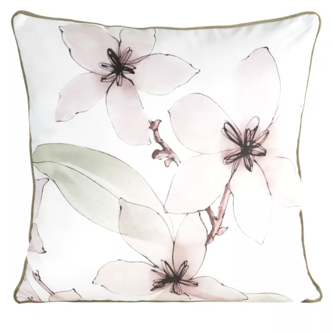 Poszewka na poduszkę dwustronna 60x60 cm welwetowa, biało pudrowa z motywem roślinnym z wypustką na brzegach BIANCA Eurofirany Premium